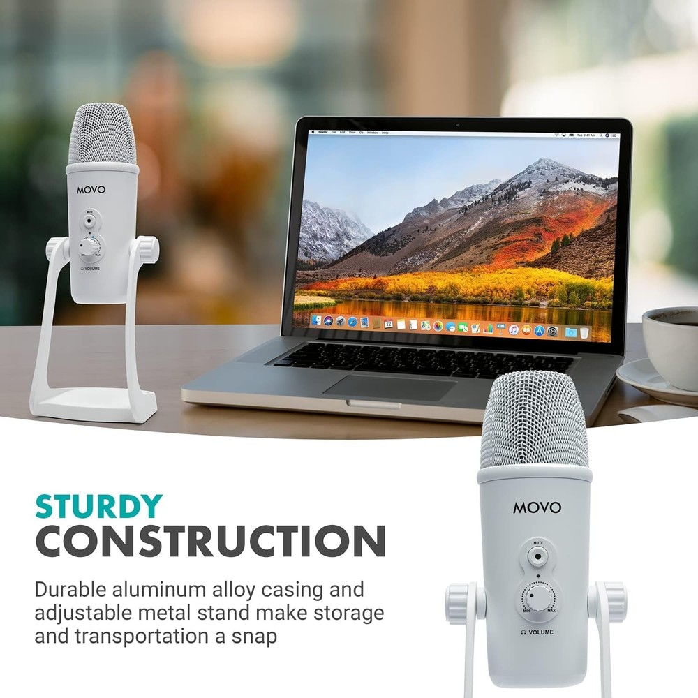 Movo UM700W White Desktop USB Microphone for Computer , 4 Pickup Patterns