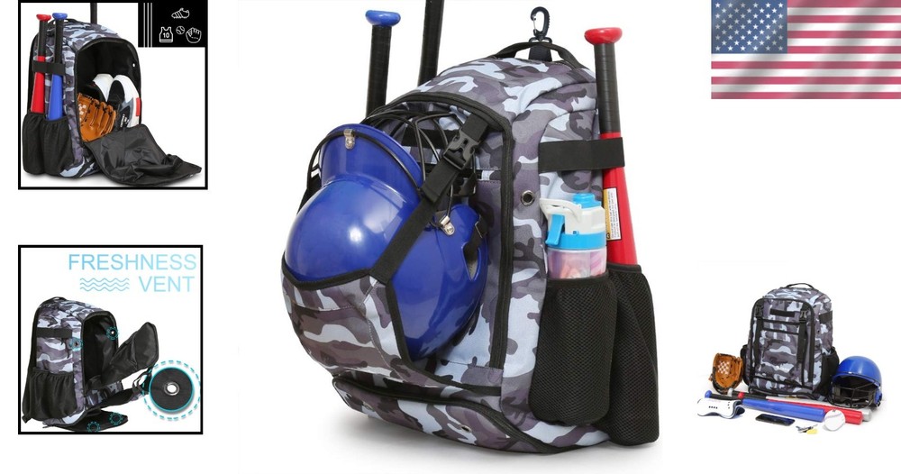 Durable Baseball Bat Backpack with Large Capacity for 4 Bats - Camouflage Style