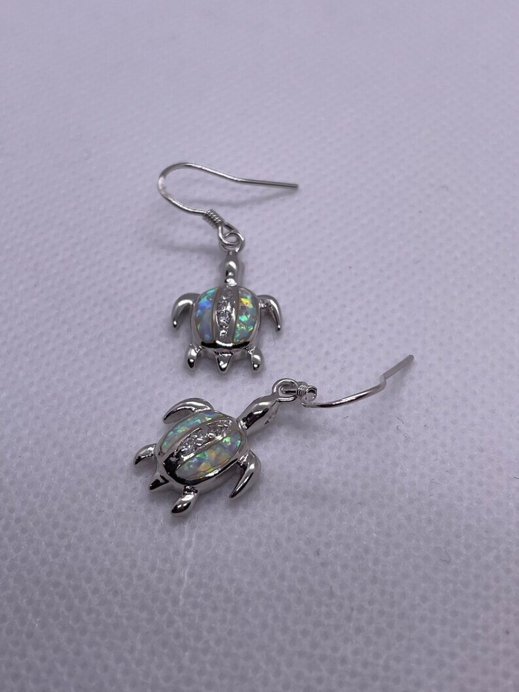 Dangling turtle earrings with opal & lab created diamonds 925 sterling silver