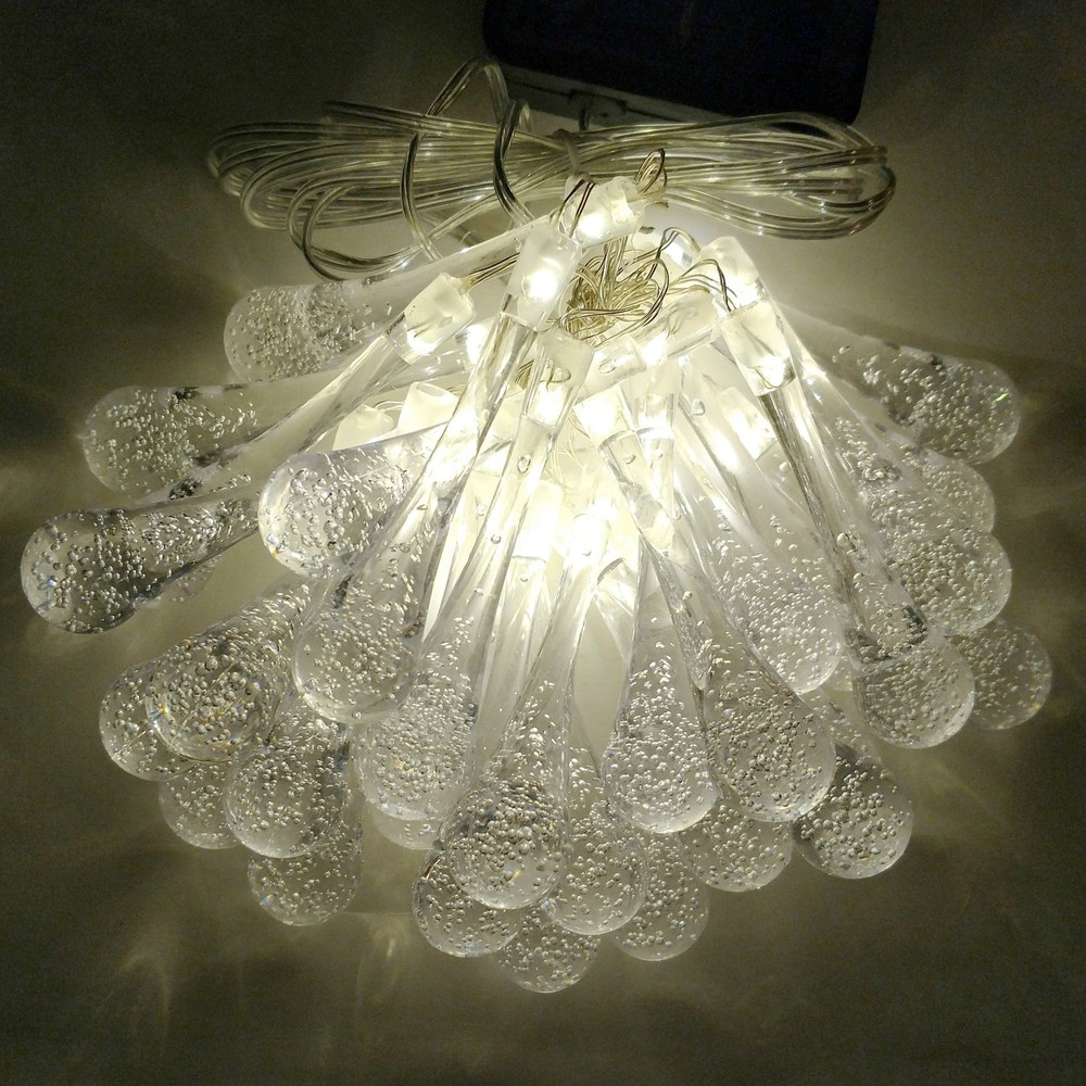 Solar Powered Water Drop String Lights - 30 LED Warm White, 8 Modes