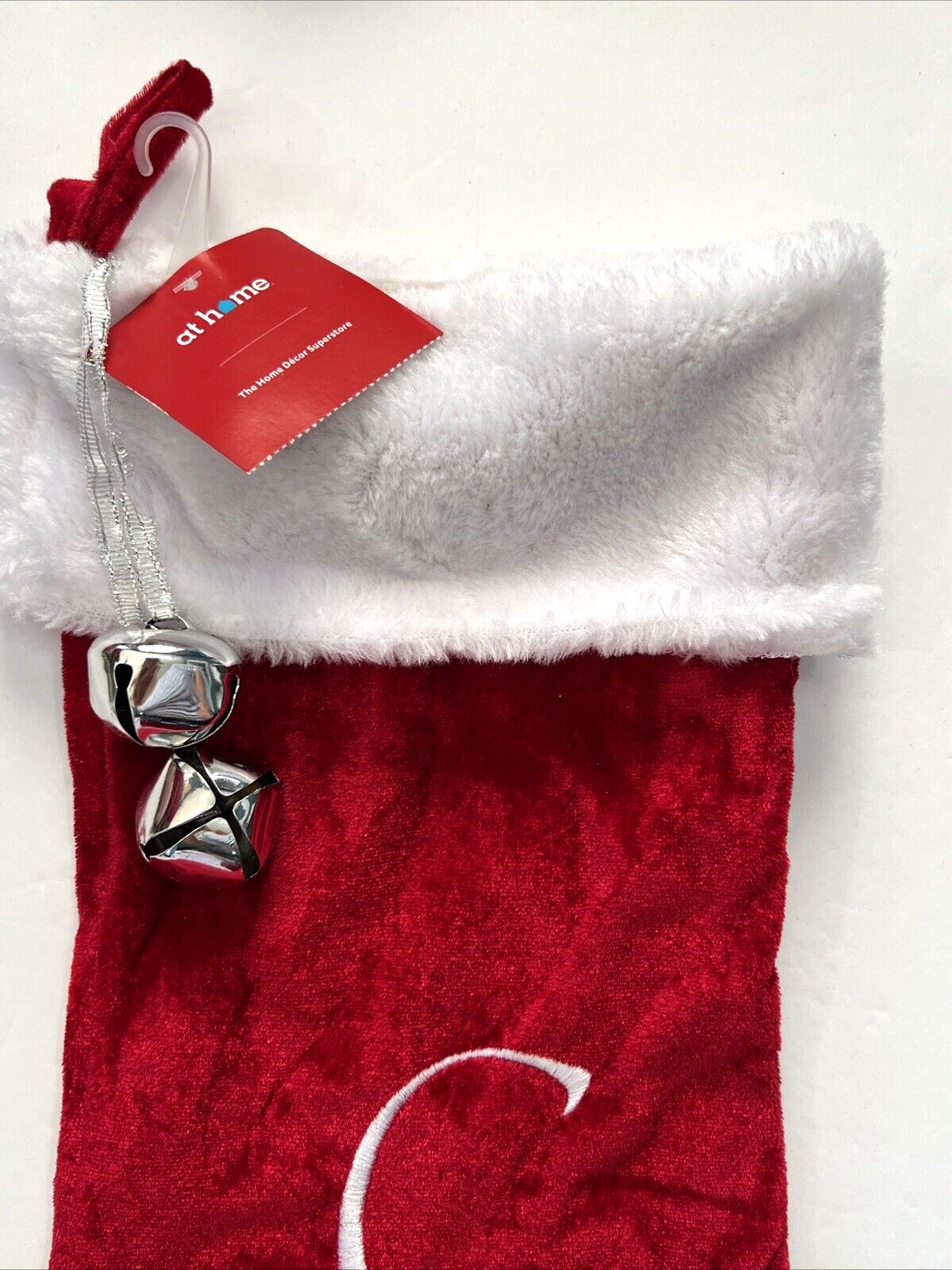 Christmas Stocking Monogram Initial C Red Plush White Cuff Jingle Bells At Home