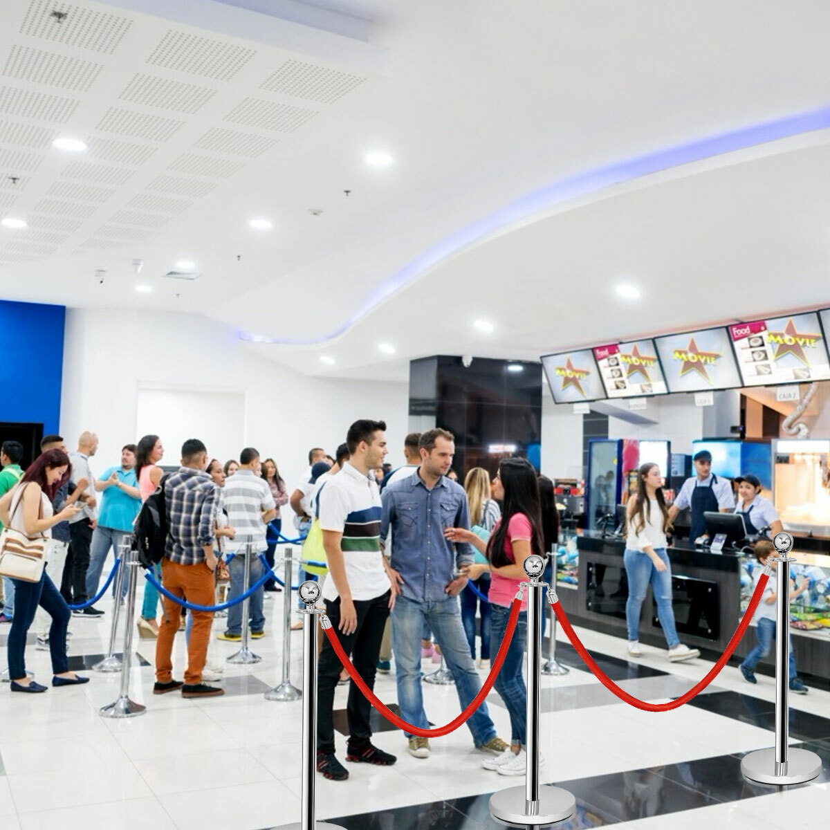 6Pcs Stanchion Posts Queue Pole Retractable 3 Velvet Ropes Crowd Control Barrier