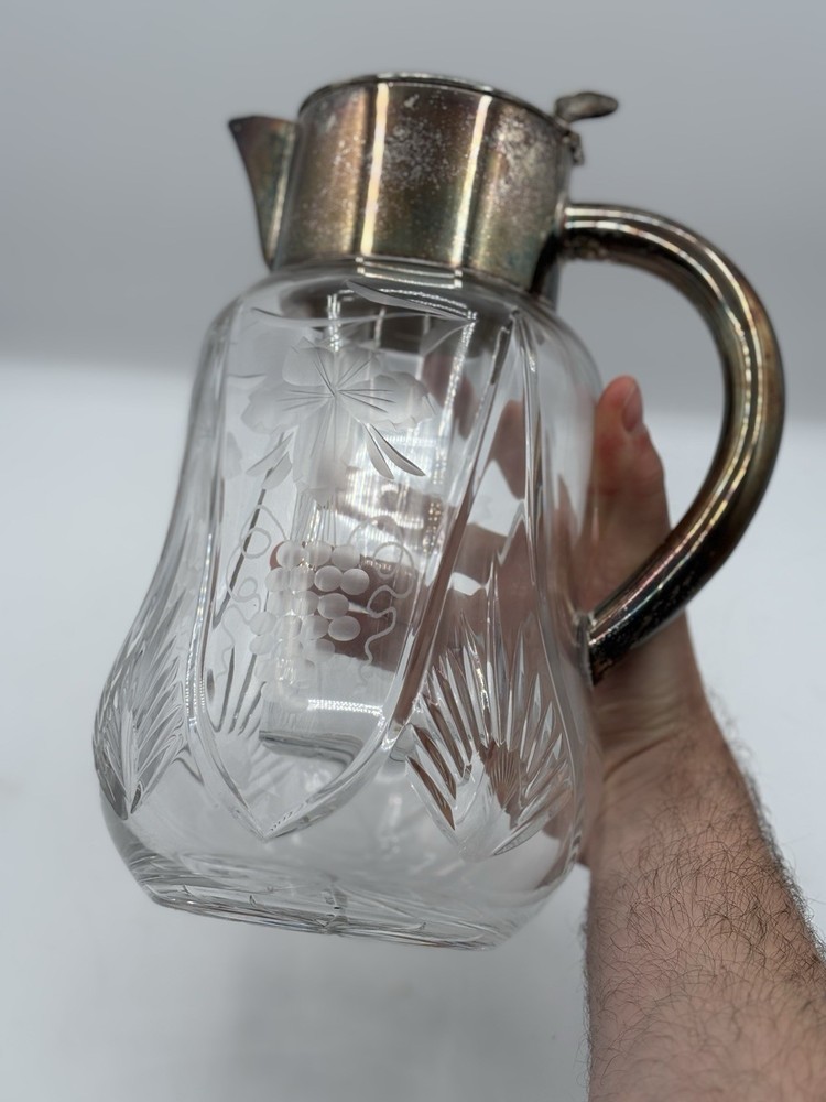 Antique Interwar Crystal Pitcher w/ Silvered Metal Lid & Handle – Ice Insert