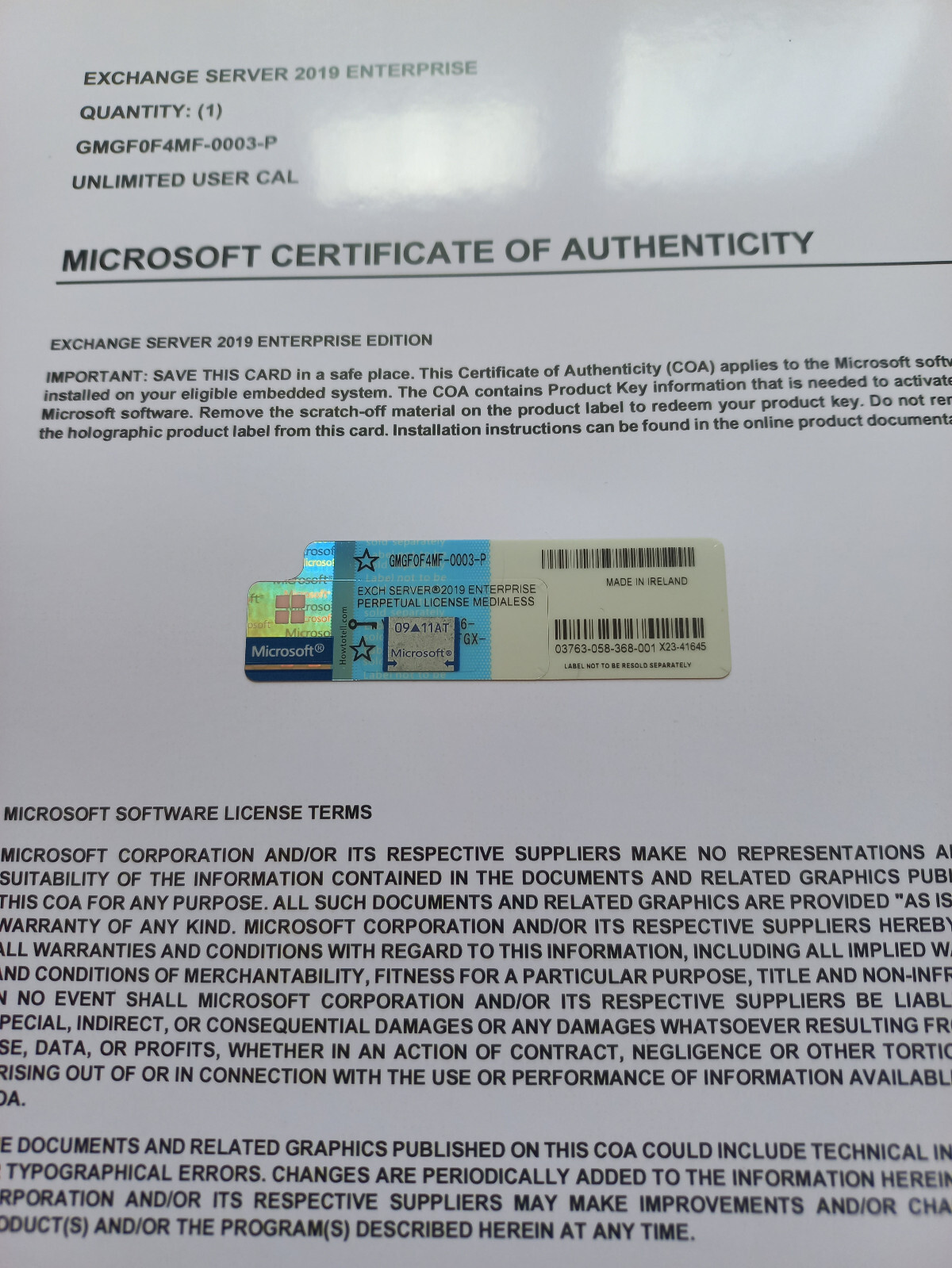 Microsoft Exchange Server 2019 ENTERPRISE w 1000 CAL CoA GMGF0F4MF AUTHENTIC