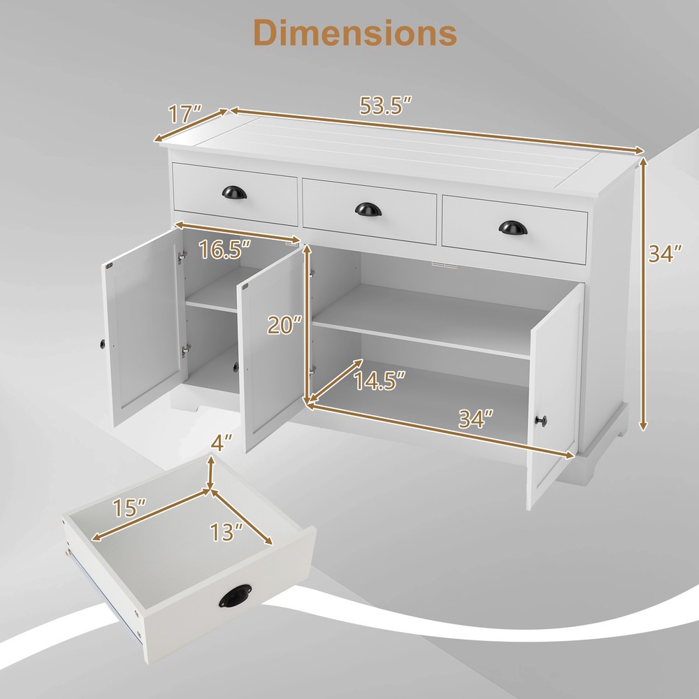 3 Drawers Sideboard Buffet Cabinet Console Table Kitchen Storage Cupboard White