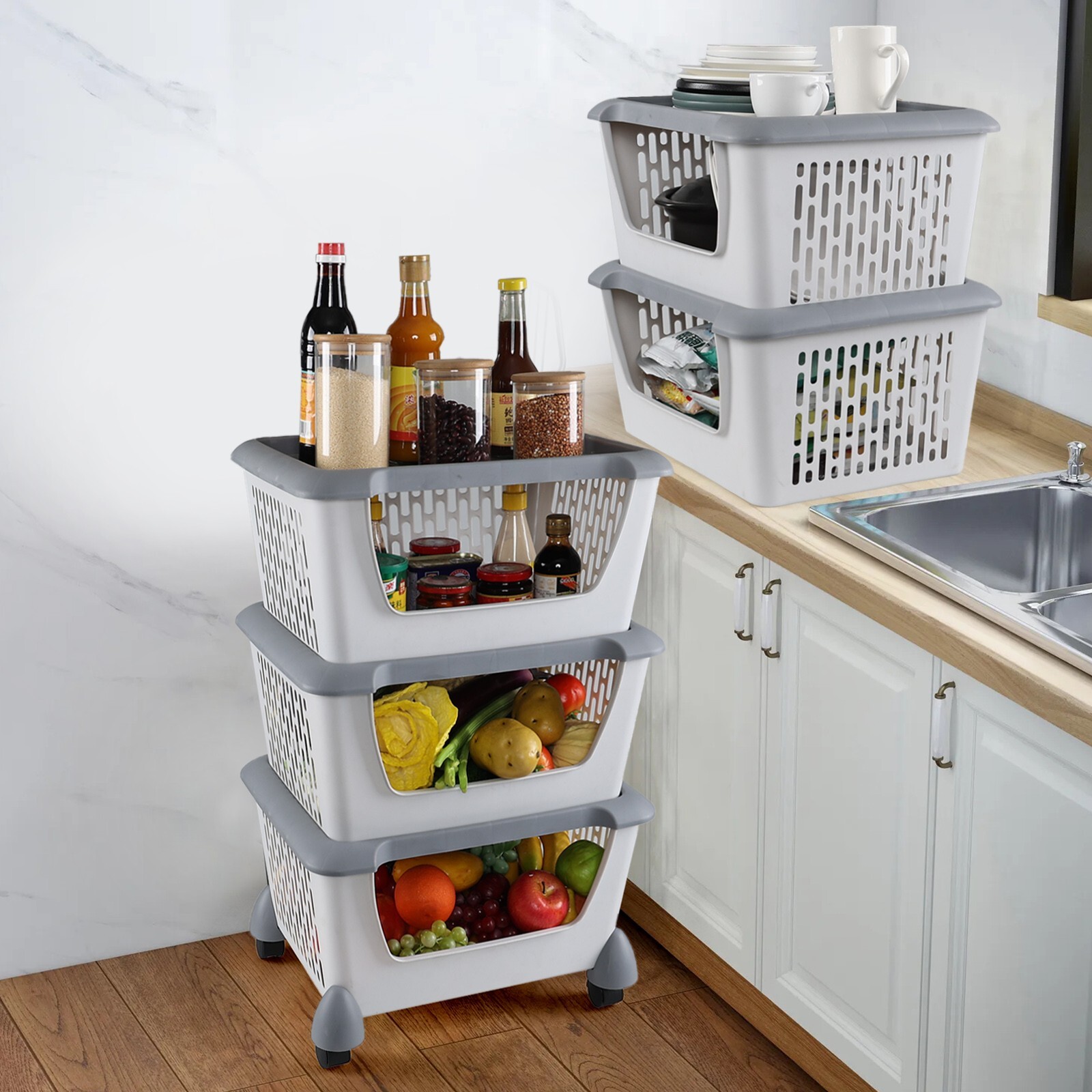 Idotry 5pcs Plastic Stackable Storage Bins - Gray Large Storage Basket w/ Wheels