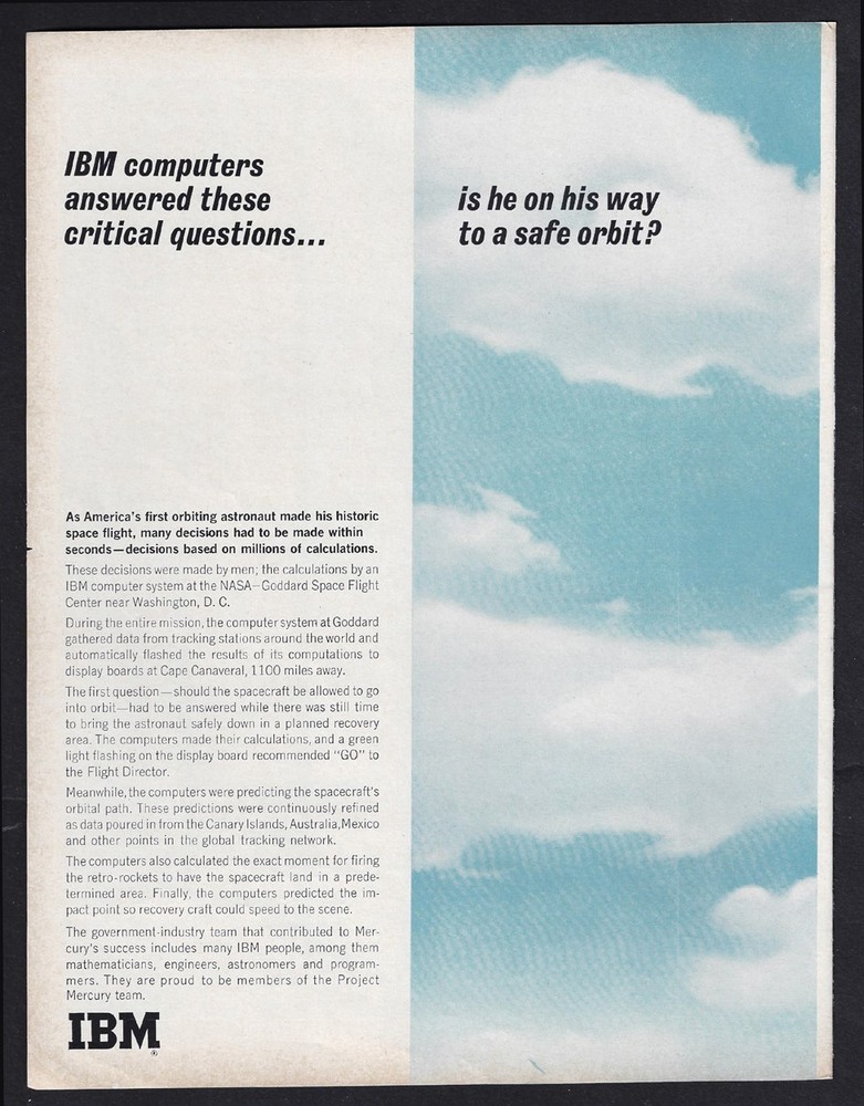 1962 IBM COMPUTERS 2 page Print Ad - NASA Space Flight Tracking