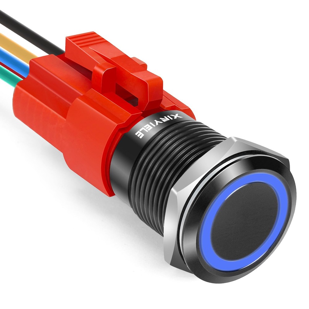 XINYIELE 16MM Latching 12V Push Button Switch On Black Shell, Blue LED