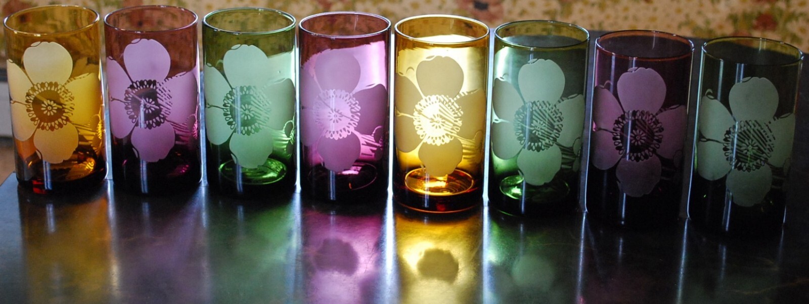 Vtg Set 8 PIER 1 Tumbler Glasses ETCHED FLOWER Hand Blown 6" Multicolor 20 Ounce