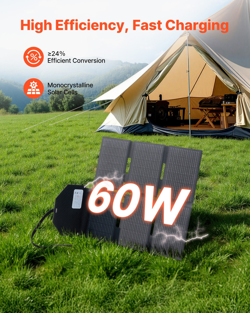 VEVOR 60W Foldable Solar Panel Charger, 16BB N-Type Monocrystalline Solar Panel