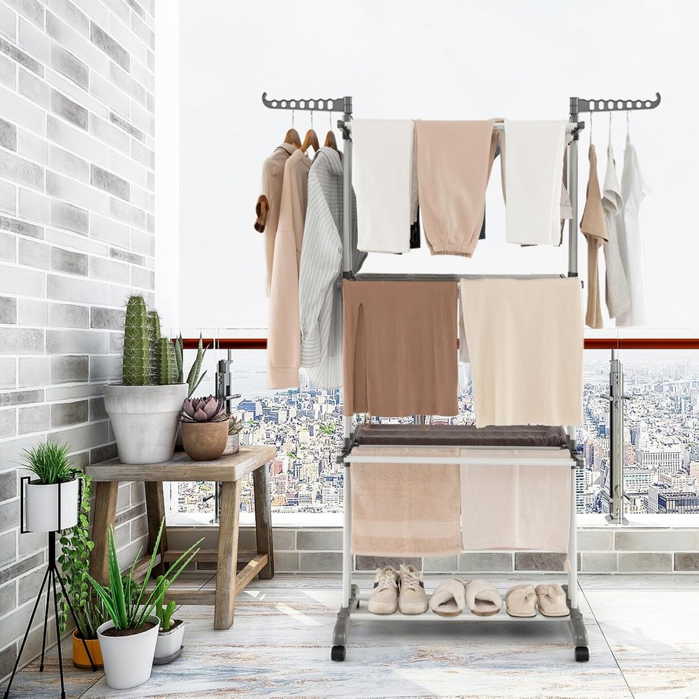 4-Tier Clothes Drying Rack Folding Drying Rack W/ 4 Wheels 24 Drying Poles & 2