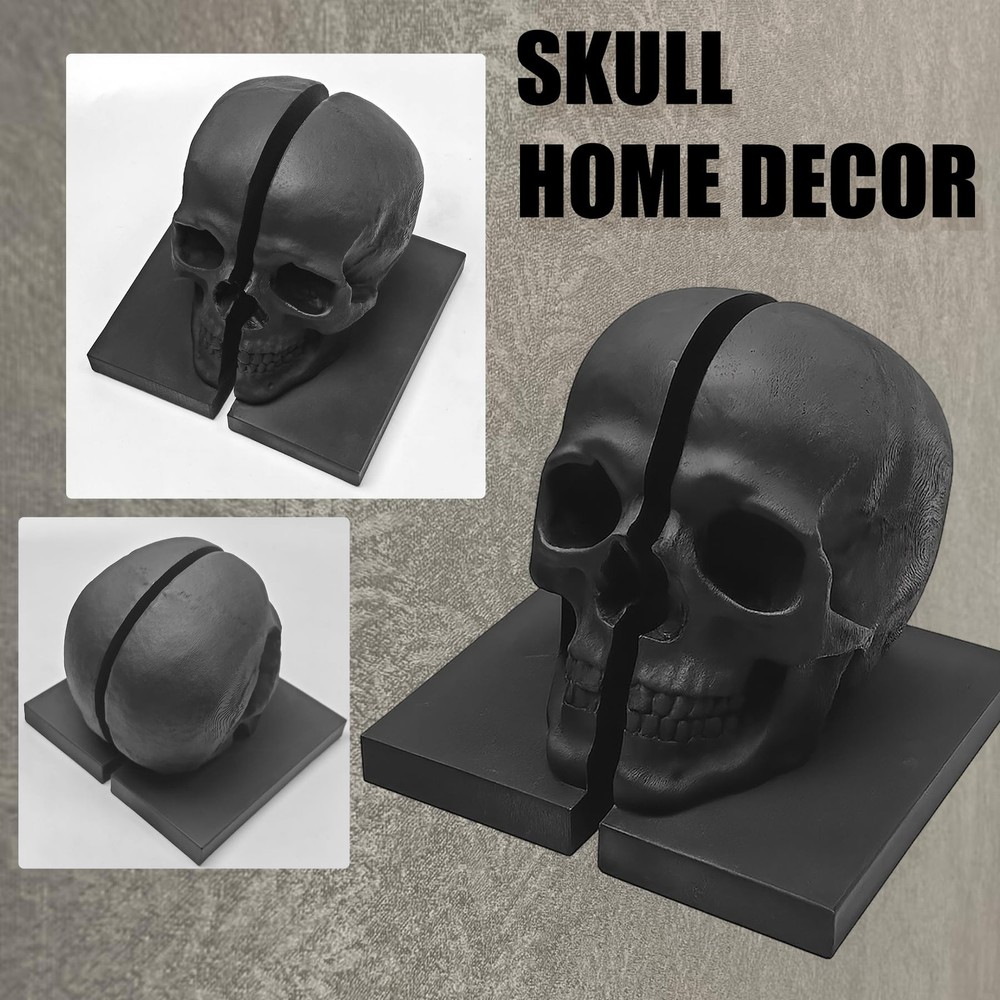 Black Skull Head Skeleton Decorative Statue Unique Design Split Resin Sculptu...