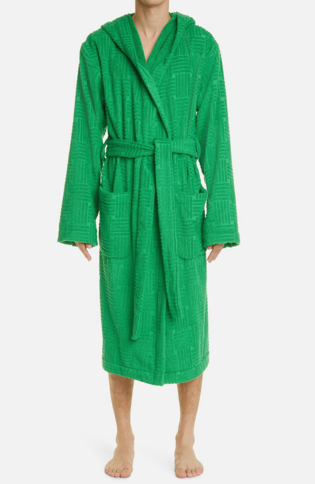 Bottega Veneta Men's Green Venta Intrecciato Pattern Hooded Bathrobe Size M