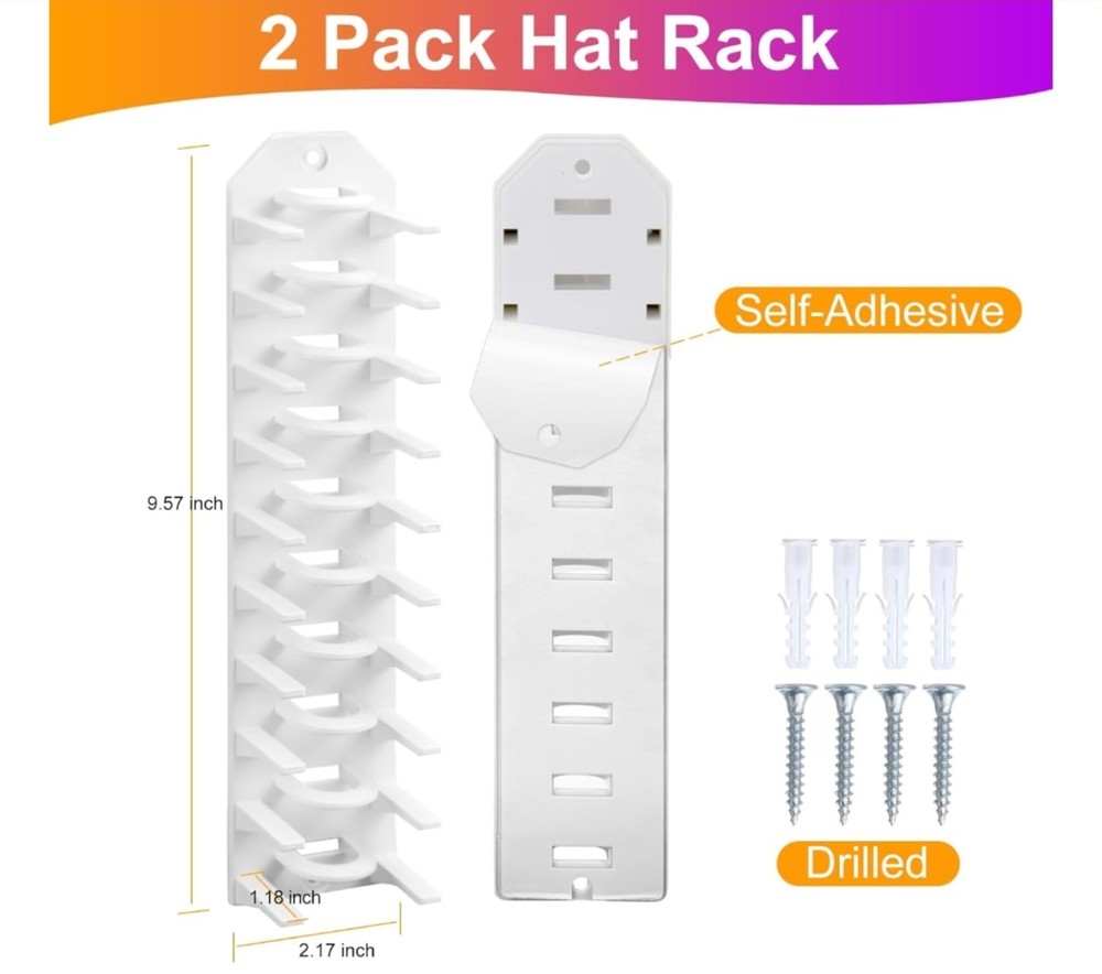 Hat Organizer for Baseball Caps 2 Pack Hat Rack for Wall, Wall Mounted Adhesive