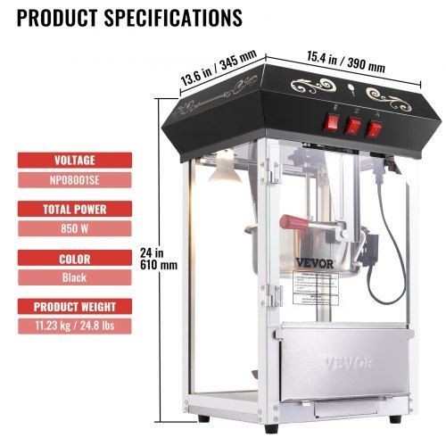 Popcorn Maker 850W Popcorn Popper Machine 8 Oz Kettle Makes 48 Cups per Batch