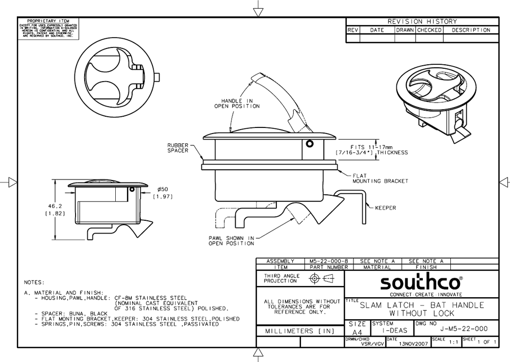 SOUTHCO FLUSH MOUNT PULL LATCH WITH BAT HANDLE, NON LOCKING, # M5-22-000-8
