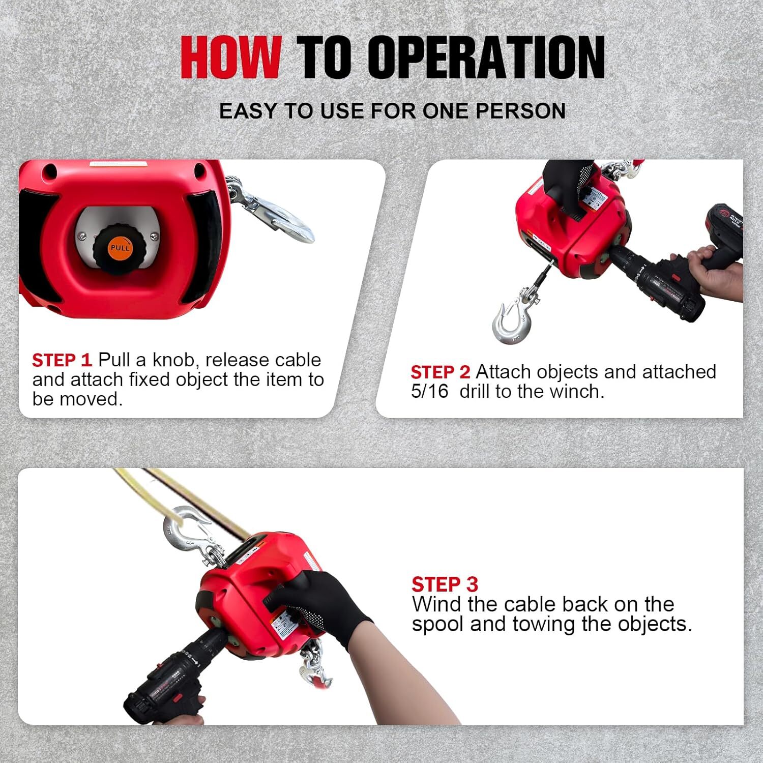 Portable Drill Winch 1000LBS,Drill Powered Winch with Alloy Steel Wire Rope 40FT