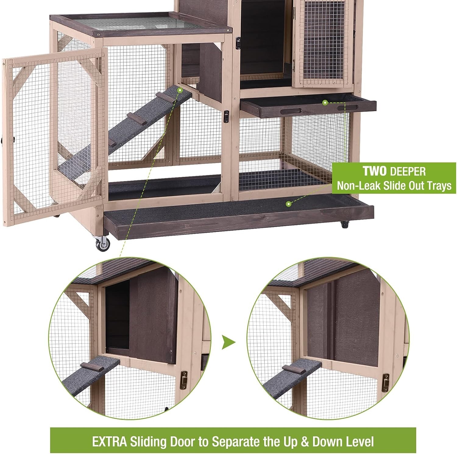 Rabbit Hutch Indoor Outdoor 2 Story Bunny House on Wheels Wooden Rabbit Cage
