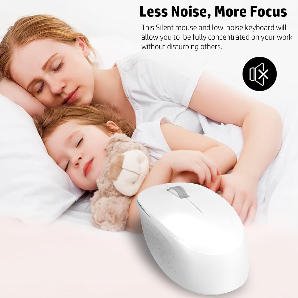 White Wireless Keyboard and Mouse Combo Full-Sized Ergonomic Computer Keyboar...