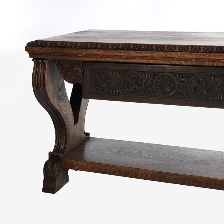 Arts & Crafts Carved Oak Trestle Library Table C1910