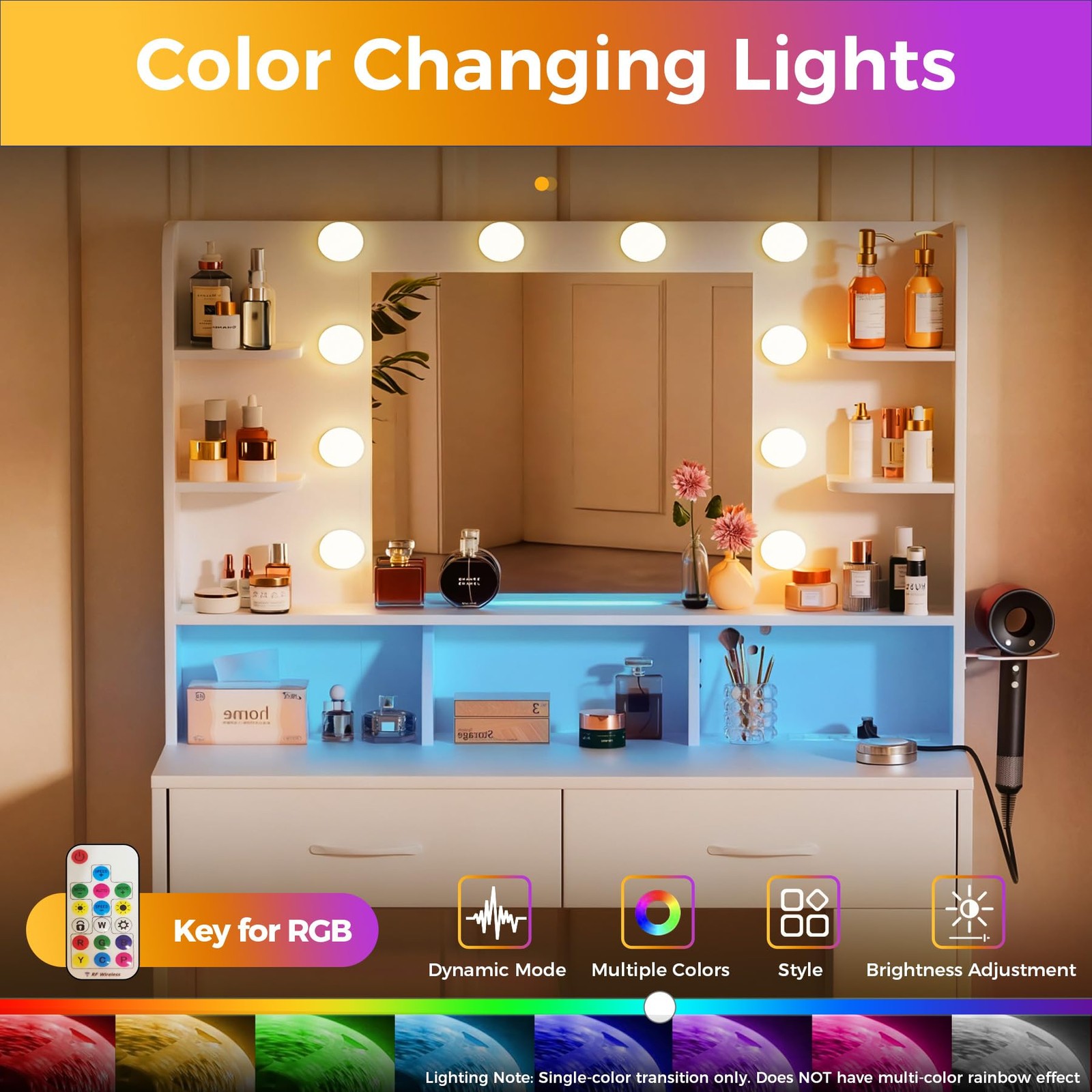 Vanity Desk with Lighted Mirror and Power Outlet, RGB LED Lights Makeup Vanit...