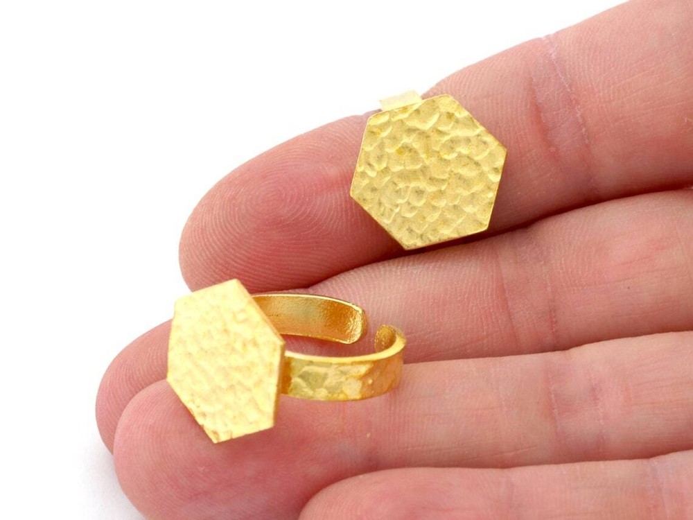 Hexagonal Hammered Adjustable Ring Blank - Raw Brass (15mm Blank ) 4947