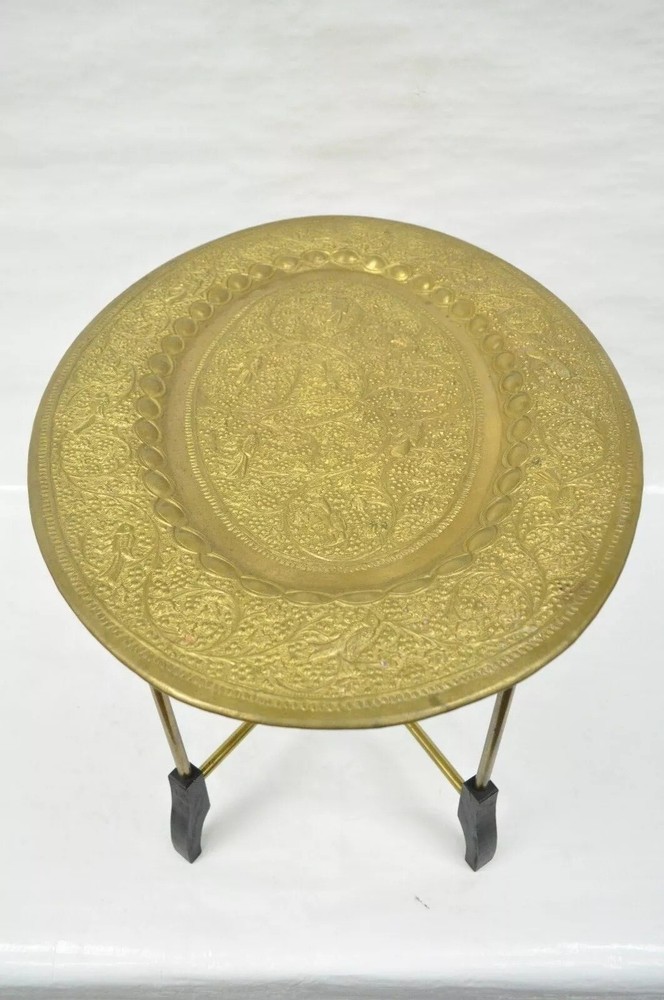Vintage Moroccan Brass Bird Embossed Oval Tray Folding Small Coffee Table