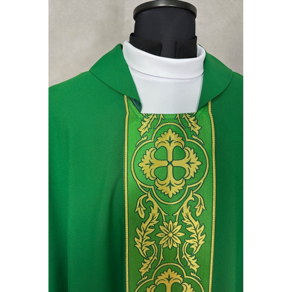 Two deacon Dalmatics + chasuble, open sides, green plain fabric, orphrey