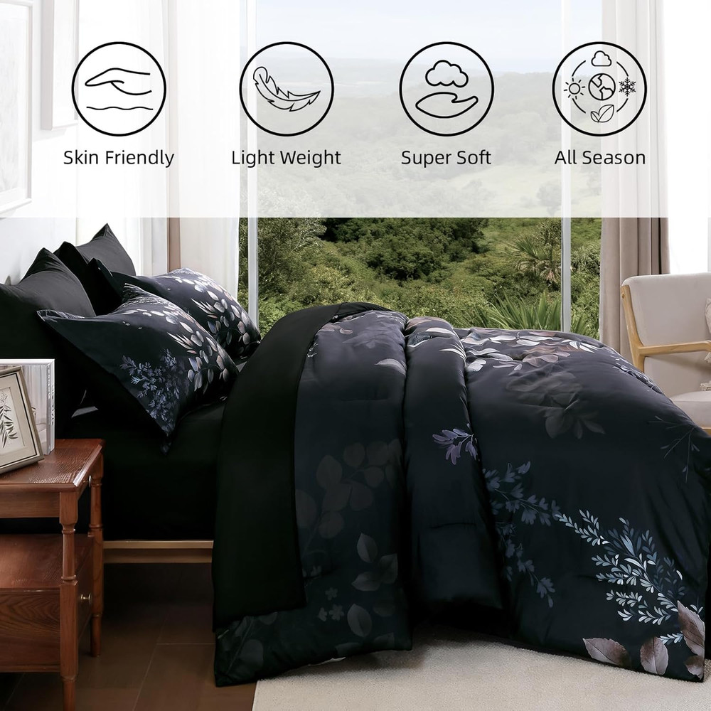 Black Floral Comforter Set Queen 7Pc Bed in a Bag Microfiber Bedding