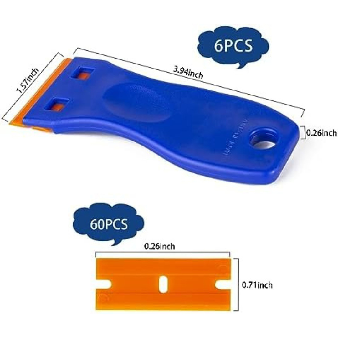 Plastic Razor Blade Scraper Tool, 6 Pcs Razor Scraper with 60 Pcs Plastic Blades