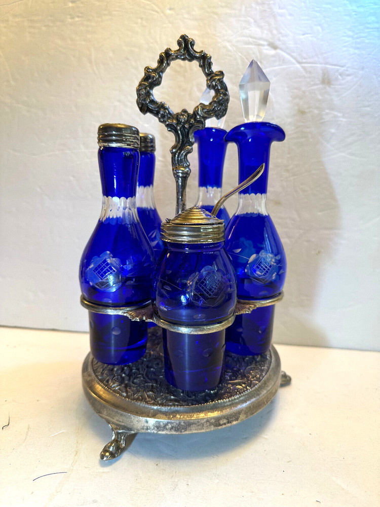 COBALT CUT TO CLEAR CONDIMENT, CASTER SET