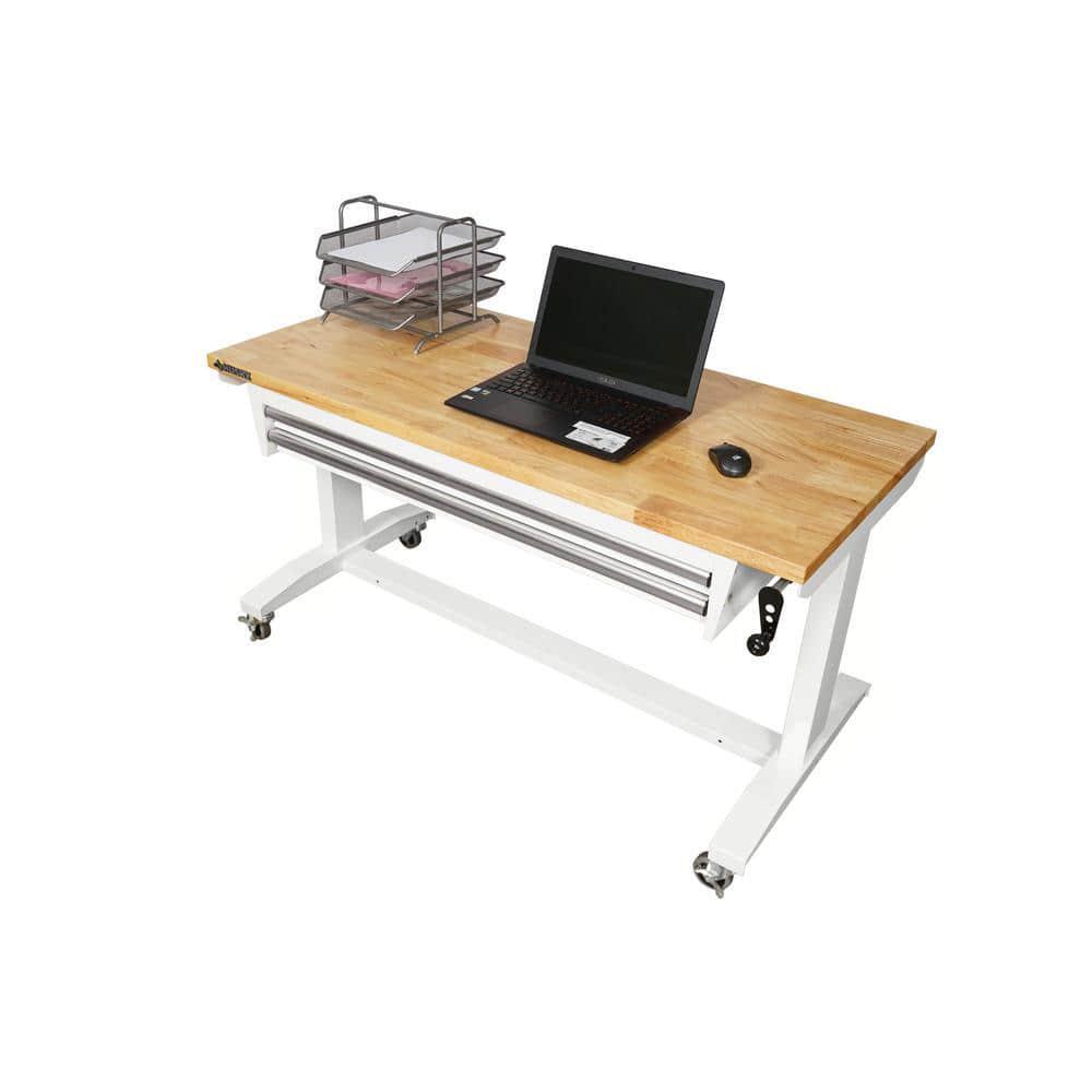Workbench Table 52 W x 24 Steel 2-Drawer Adjustable Height Solid Wood Top White