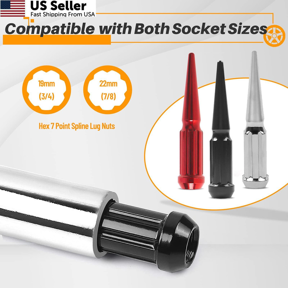 MIKKUPPA 7 Point Spike Lug Nuts 7 Spline, Spline Socket Chrome