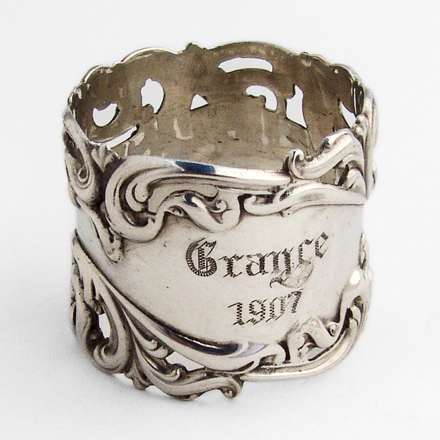 Open Work Scroll Border Napkin Ring Sterling Silver Mono Grayce 1907