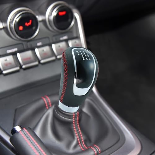 6 Speed Shift Knob Manual Shifter Knobs Handle Leather Gear Black+Red Line