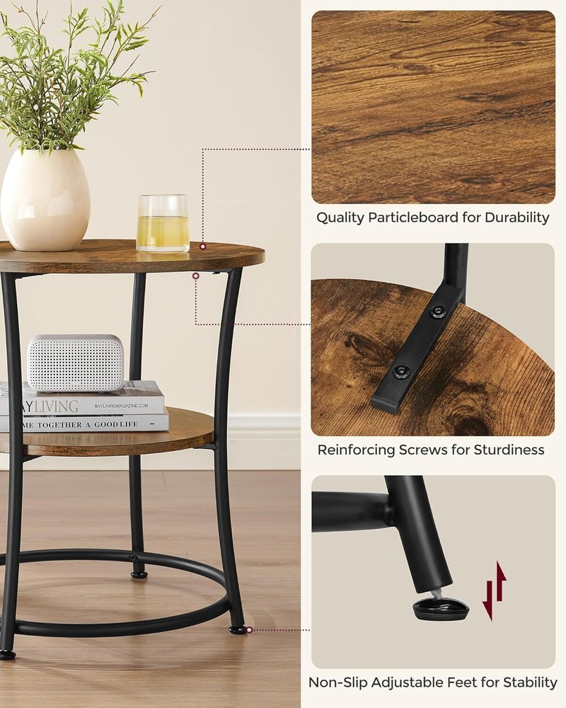 Side table, round side table with 2 storage shelves, nightstand with steel frame