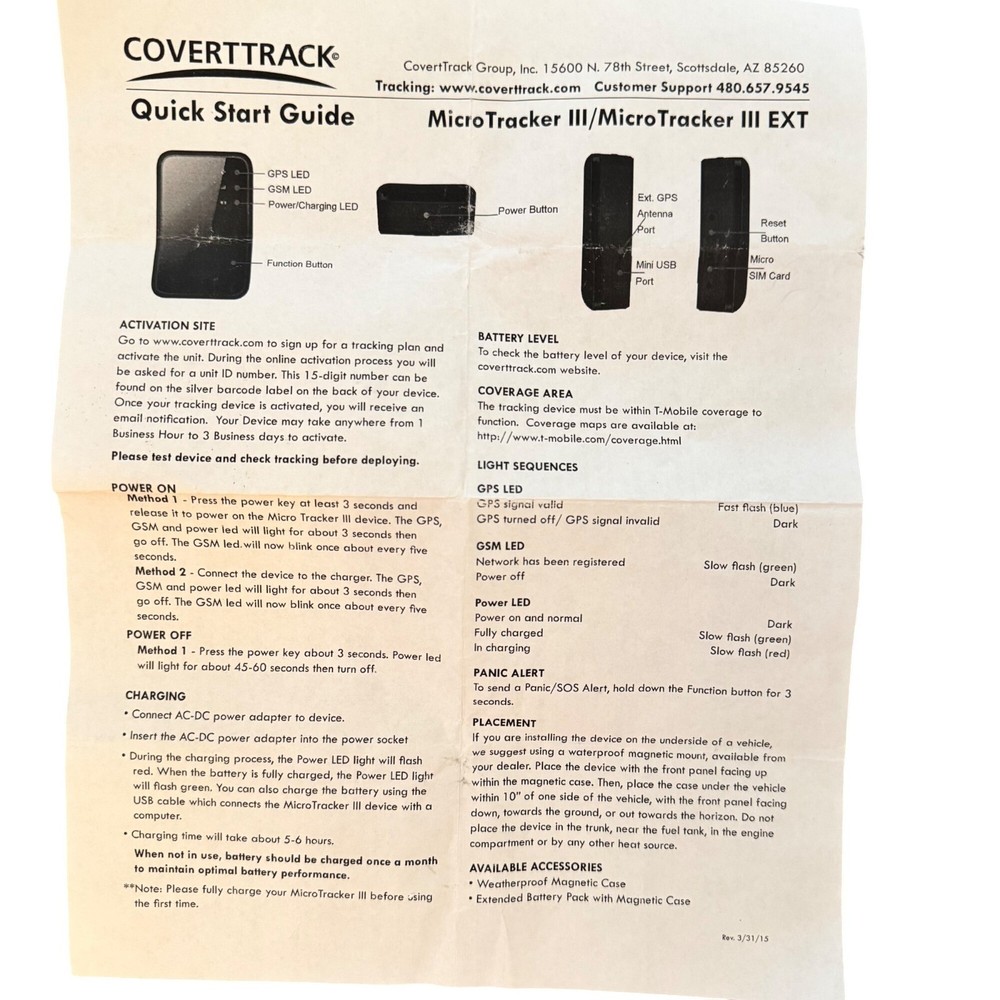 CovertTrack MicroTracker III EXT GPS Tracking Device SOS Button QuickStart Guide