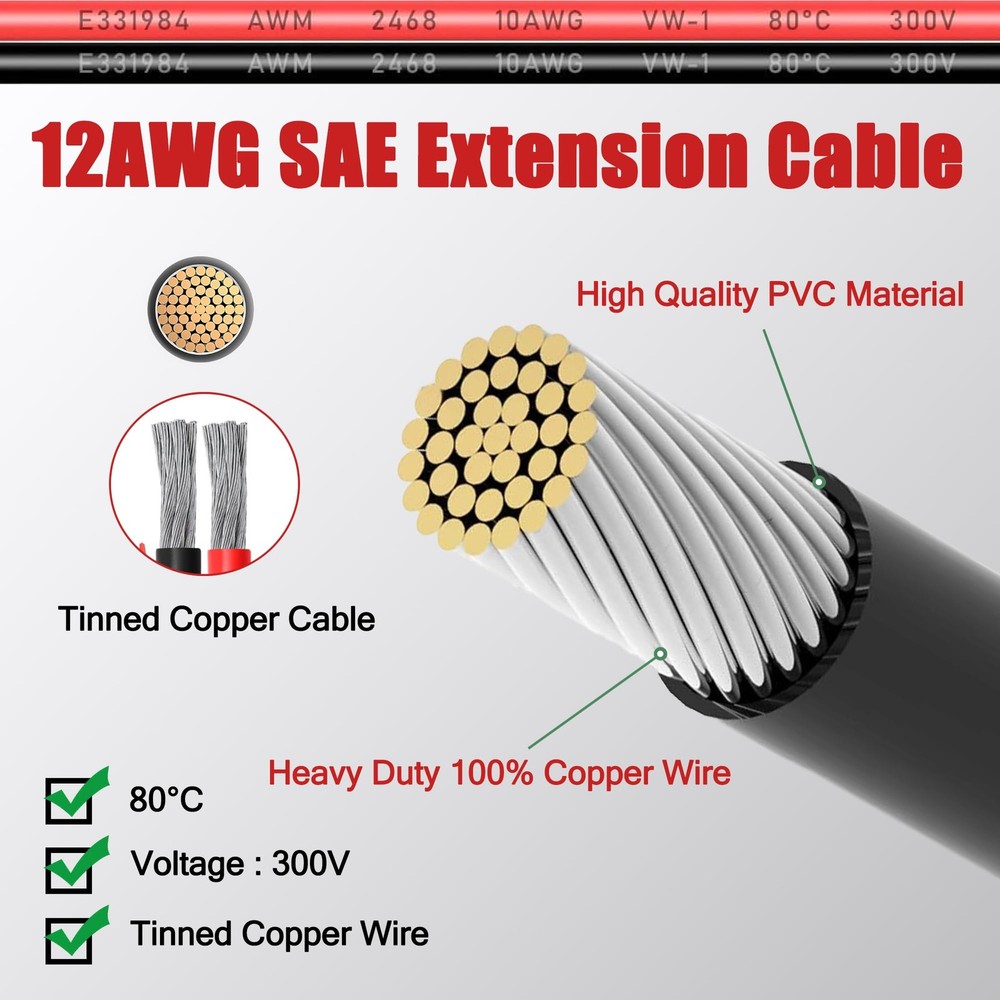 25FT 12AWG SAE to SAE Extension Cable w/ Protective Cap - Solar Panel Battery