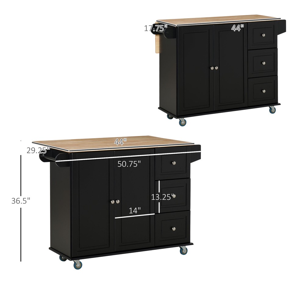 Modern Kitchen Rolling Trolley Table with Drop Leaf and Lockable Wheels, Black