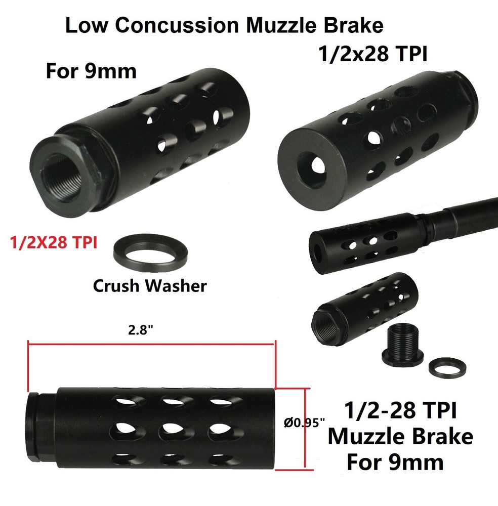 1/2-28 TPI Thread Low Concussion Muzzle Brake Anodized Black For 9mm