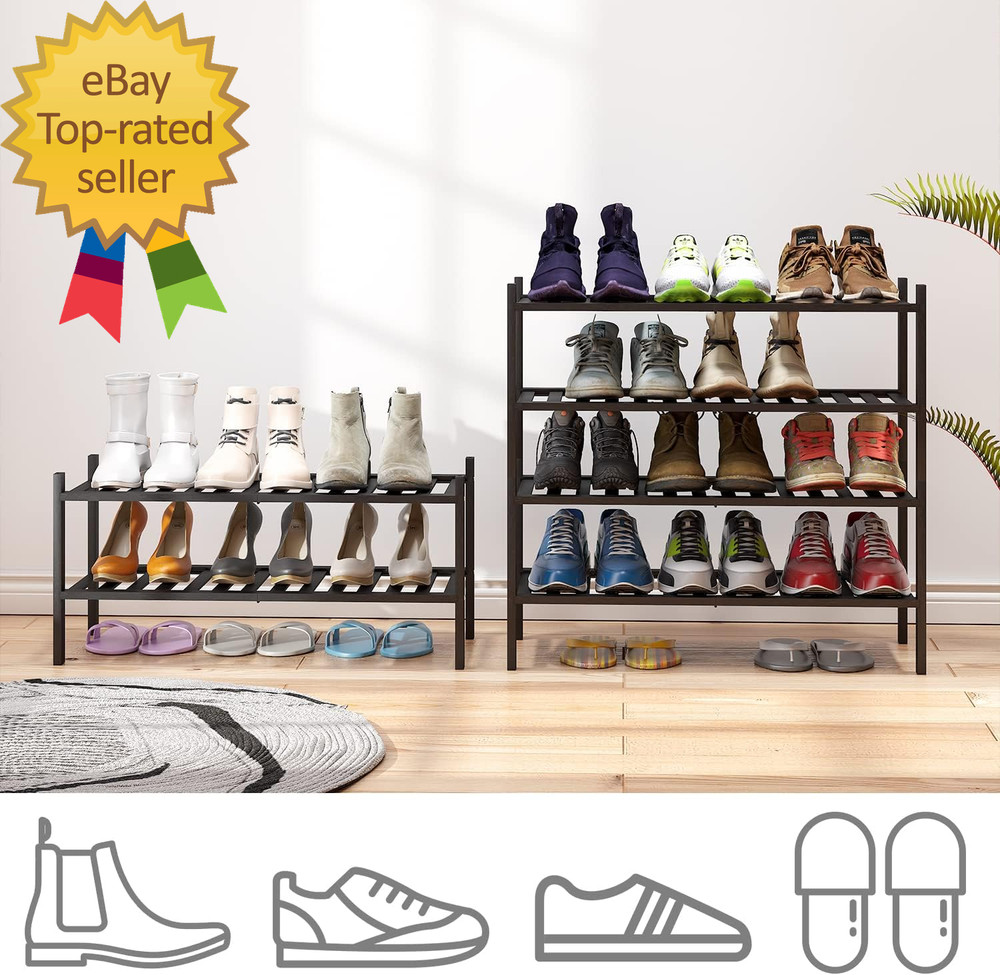 4-Tier Black Bamboo Shoe Rack for Entryway, Stackable | Foldable | Natural, Shoe