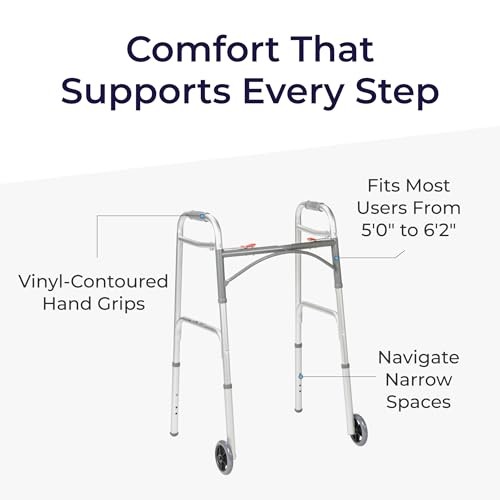 Two-Button Folding Walker With Wheels - Lightweight Rolling Mobility Support - A