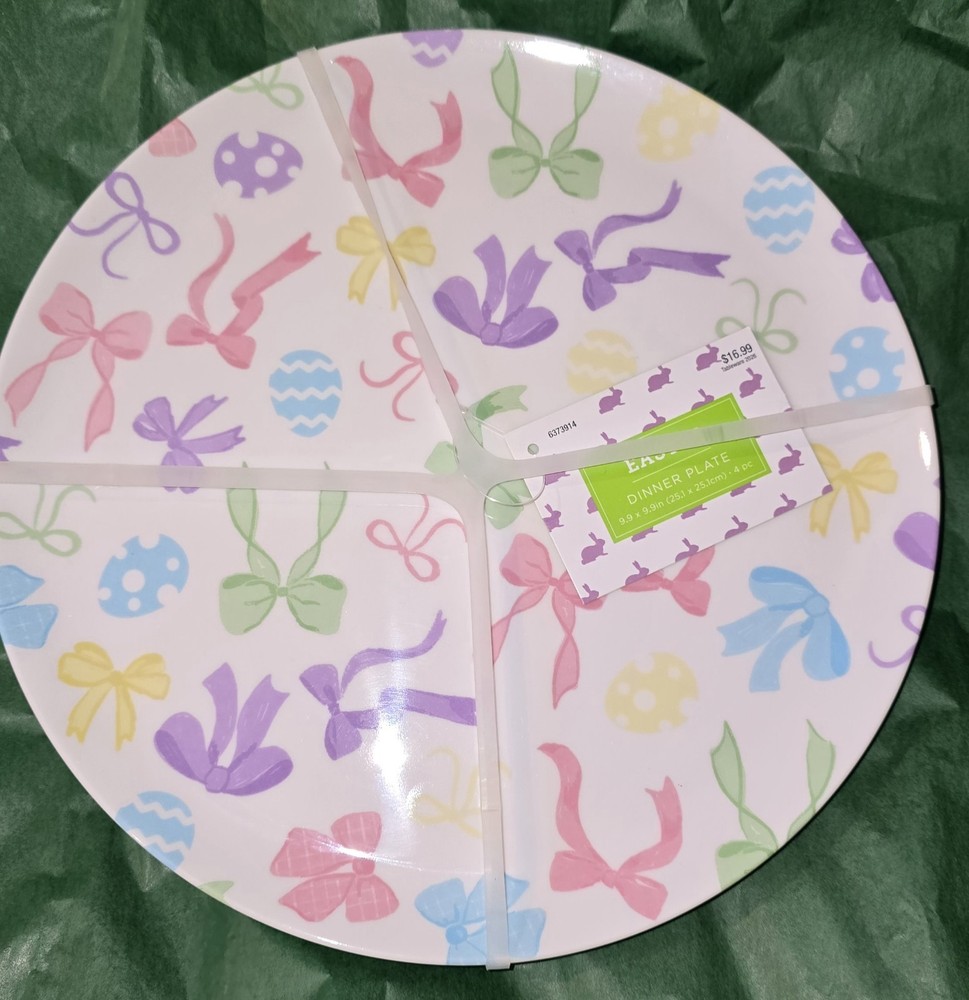 New Bows & Eggs 4 Melamine Easter Pastel Dinner Plates
