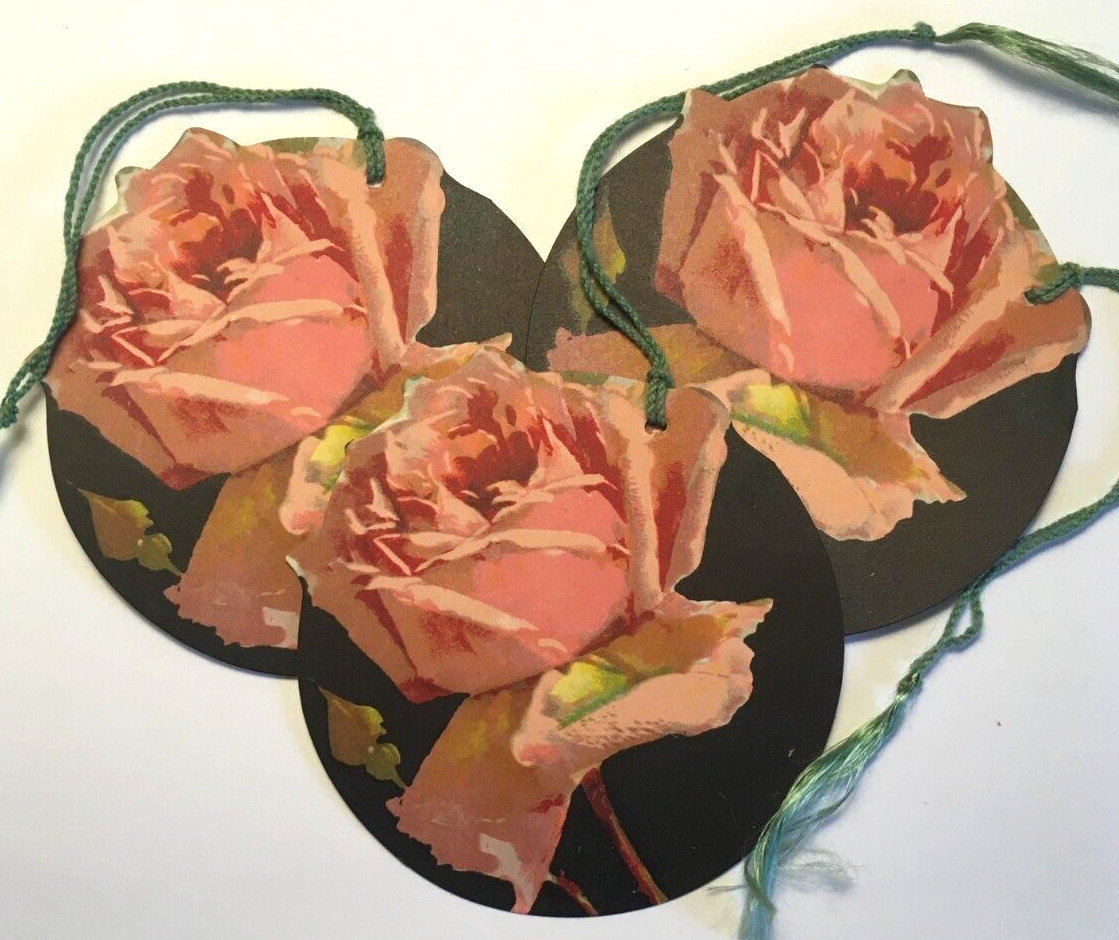3 Unused Vintage Bridge Tally Pink Rose Black Background Floral, Clark