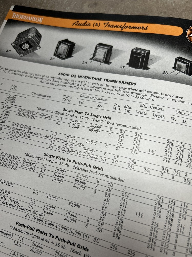 TRANSFORMERS BY THORDARSON COMPLETE CAT. NO 400-FX 1942 & COMPARISON DATA JB61