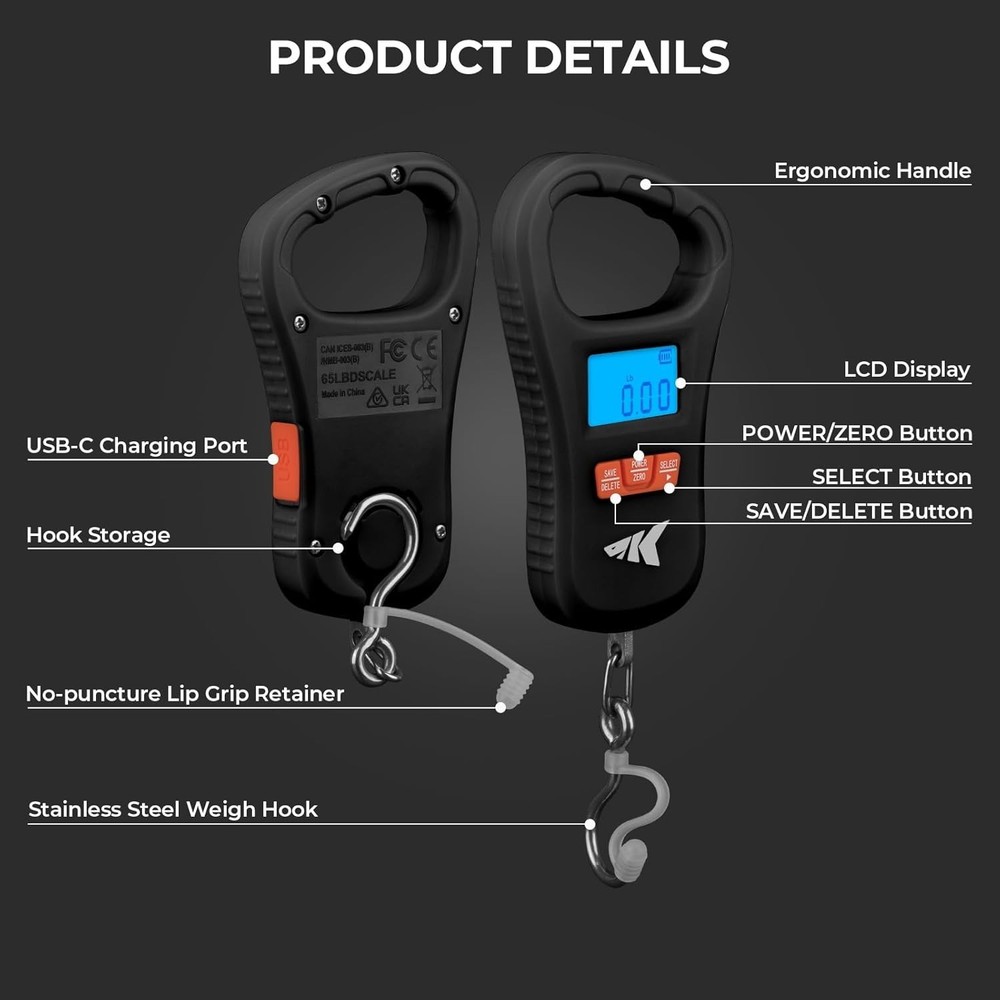 Compact ToughTide Digital Fish Scale - 65lb Capacity with Memory Function & LCD