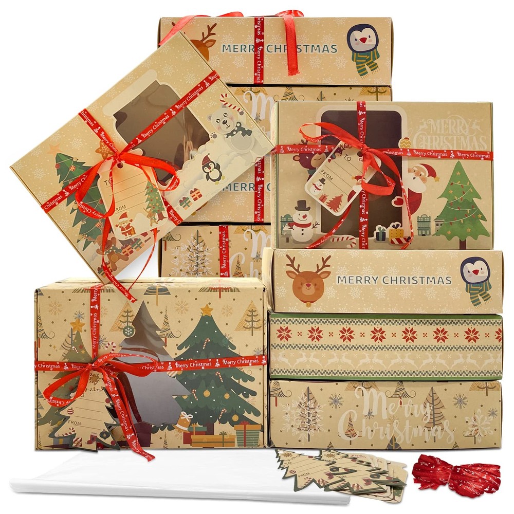 12 Packs Brown Christmas Cookie Boxes with Window for Gift Large, Multicolor