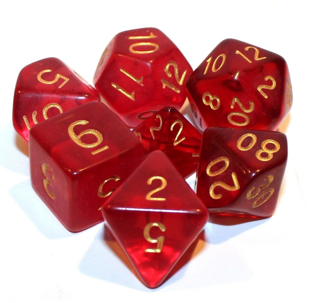 7 Piece Polyhedral Dice Set - Demon Mist Translucent Deep Red - Red Bag