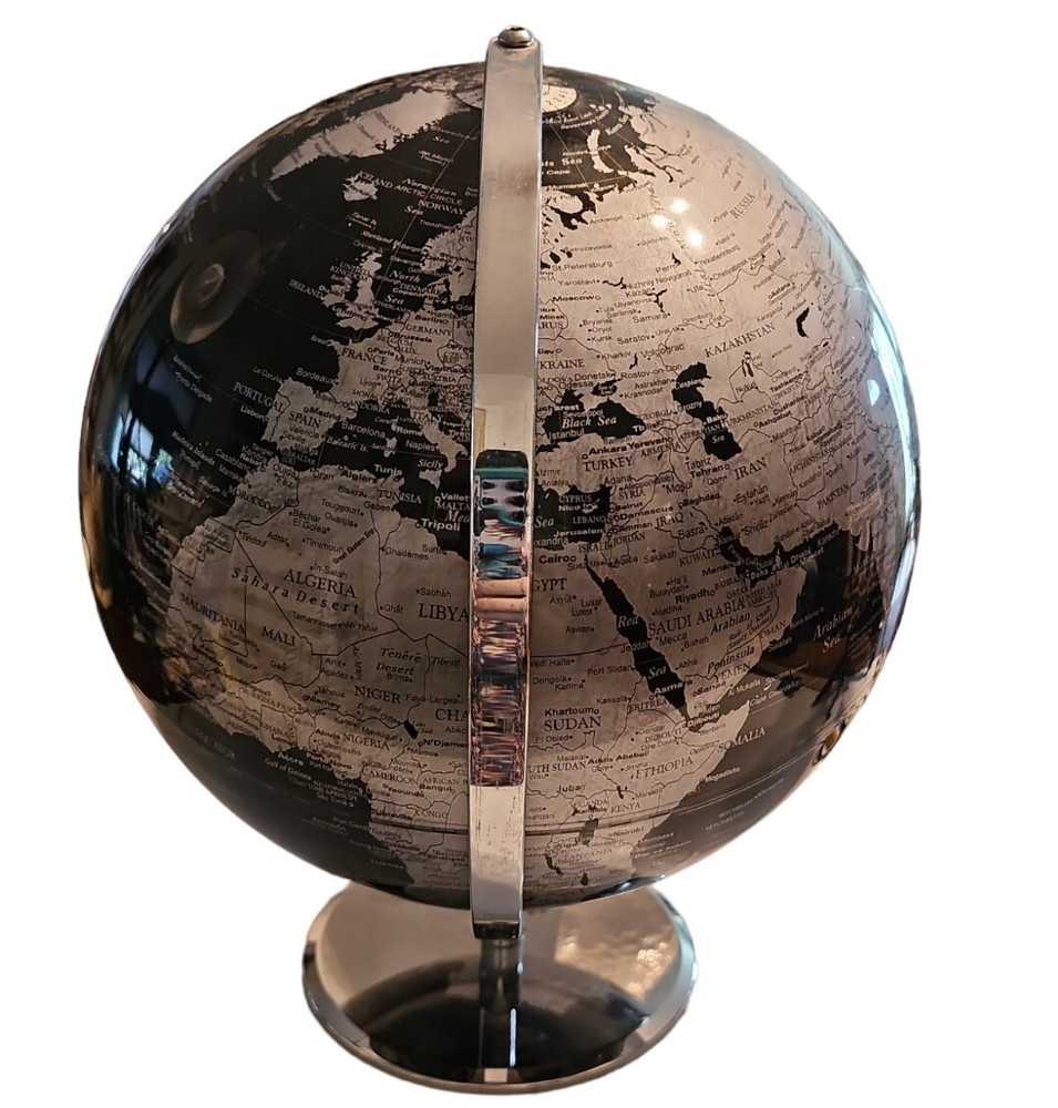 Z Gallery Black Metallic World Globe - 12 Inch Tabletop Globe Chrome Base EUC