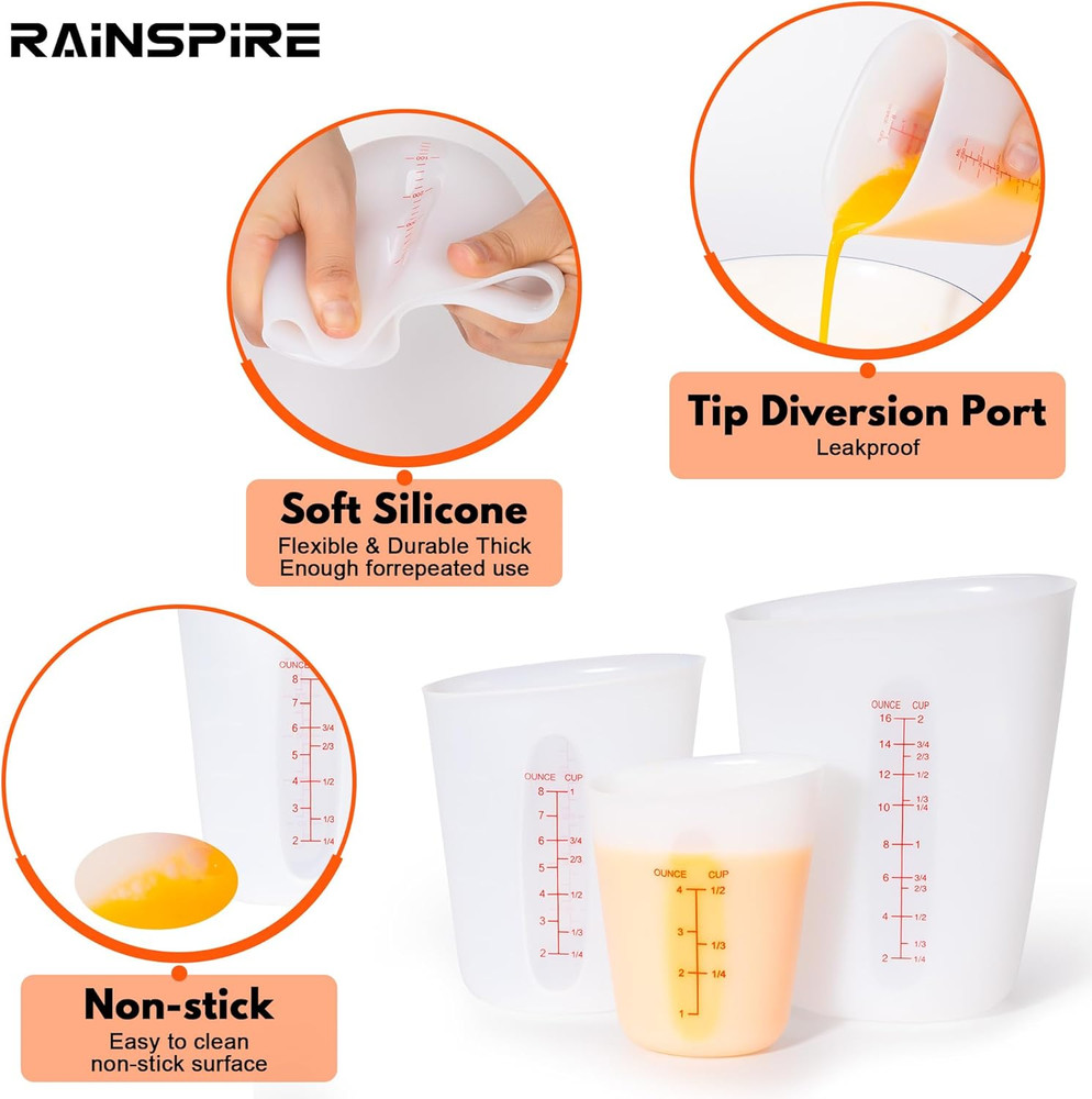 Upgraded 3 Piece Silicone Measuring Cup Sets Squeeze & Pour Liquid Measuring Cup